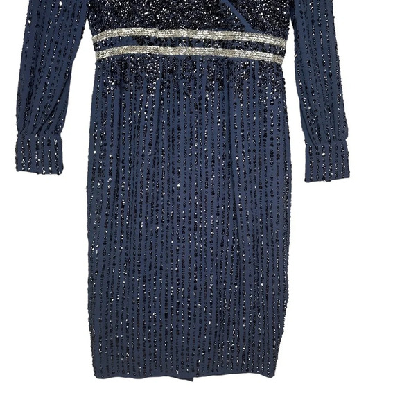 Mac Duggal Sequin Long Sleeve Midi Cocktail Dress in Midnight Blue. Sz: 14 - Picture 7 of 16